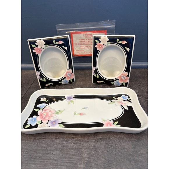 Andrea By Sadek Other - Andrea by Sadek Porcelain Vanity Set Tray and 2 Picture Frames Floral Black 7208